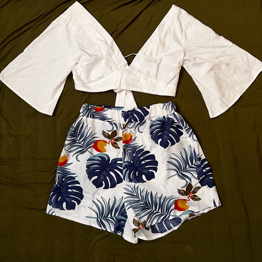 Plunging Self-Tie Top & Tropical Print Shorts Set